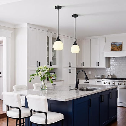 Kitchen Island Pendant Light: Mid Century Matte Black Hanging Light Fixtures with Frosted Glass Globe - 6 Inch Farmhouse Chandeliers Ceiling Lighting for Dining Room