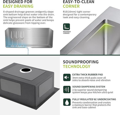 25-Inch Drop-In Kitchen Sink, SINKVINE 25" x 22" Stainless Steel Indoor and Outdoor Sink, Top Mount Large Deep Single Bowl Sink for Laundry Room, with Drain Strainer, Bottom Grid, Roll-up Drying Unit