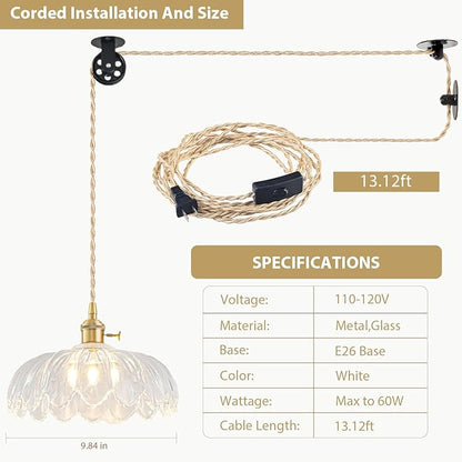 Plug in Pendant Light Fixtures, Hanging Light Fixture Glass Pendant Light, Vintage Transparent Hanging Lamp, Pendant Lighting for Kitchen Island, Bedroom, Dining Room, Living Room