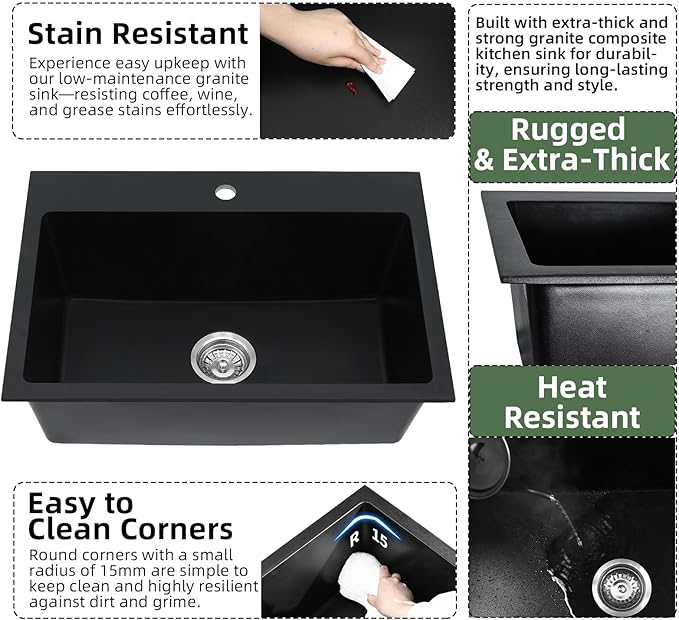 Davivy 27 inch Black Granite Composite Kitchen Sink, 27 x19 Black Quartz Topmount/Drop In Kitchen Sink, Single Bowl Design