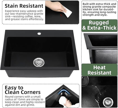 Davivy 27 inch Black Granite Composite Kitchen Sink, 27 x19 Black Quartz Topmount/Drop In Kitchen Sink, Single Bowl Design