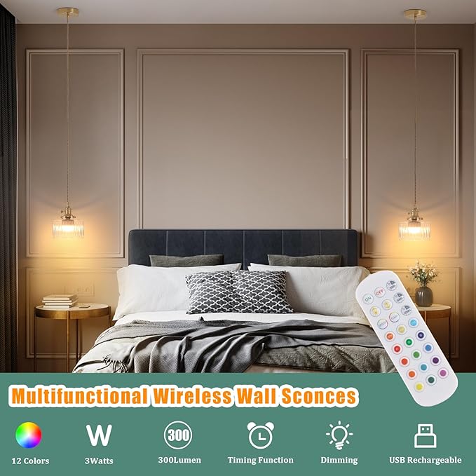 Shenmoyl Battery Operated Pendant Light 5000mAh Rechargeable Chandelier with Remote Control Wireless Adjustable Hanging Clear Striped Light for Kitchen Island Dining Room Hallway, 2 Pack