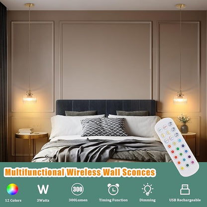Shenmoyl Battery Operated Pendant Light 5000mAh Rechargeable Chandelier with Remote Control Wireless Adjustable Hanging Clear Striped Light for Kitchen Island Dining Room Hallway, 2 Pack