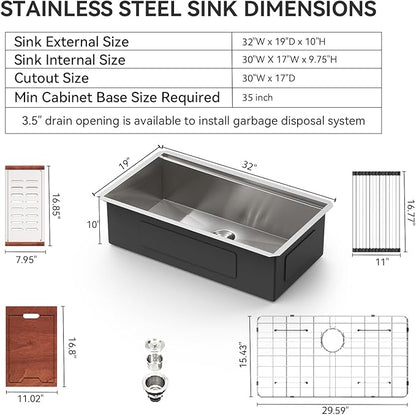 Lordear 32 Undermount Kitchen Sink 32x19 Inch Stainless Steel Kitchen Sinks Ledge Workstation 16 Gauge Single Bowl Under Counter Handmade Sink with Cutting Board