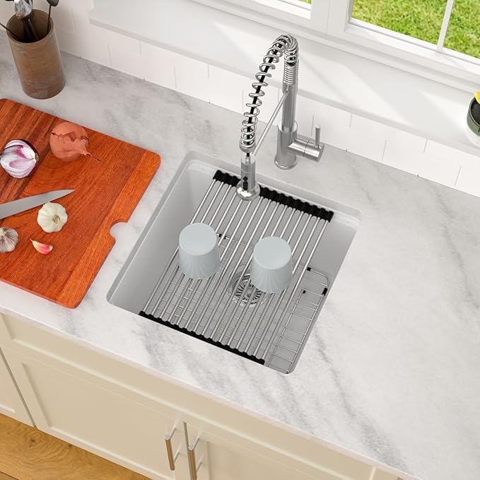 Dcolora 18 In. Undermount Granite Composite Bar Sink Single Bowl Workstation, White Quartz Kitchen Sink, 18" x 18" x 10" #DC-GU0001WS