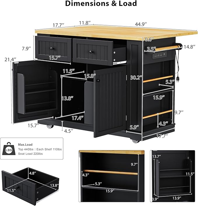 Ball & Cast 48" Large Kitchen Island with Power Outlet,Rolling Kitchen Cart on 5 Wheels W/Drop Leaf and 5 Open Side Racks,Kitchen Storage Cart W/Adjustable Shelf,for Kitchen,Dining Room,Black