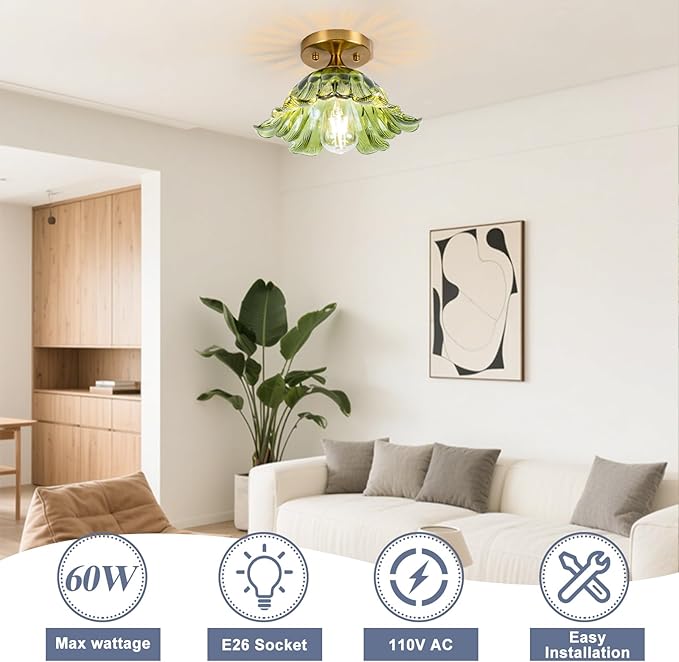 Semi Flush Mount Ceiling Light, Vintage Ceiling Light E26 Base, Green Shade Glass Hallway Light Fixture for Kitchen Porch Bedroom,Bulb Included