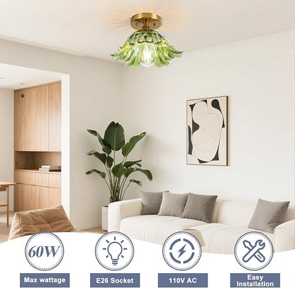 Semi Flush Mount Ceiling Light, Vintage Ceiling Light E26 Base, Green Shade Glass Hallway Light Fixture for Kitchen Porch Bedroom,Bulb Included