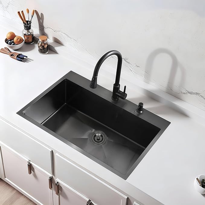 33 x 22 Inch Black Kitchen Sink, Topmount Drop In Stainless Steel Single Bowl Kitchen Sink, 16 Gauge Extra-Thick Modern Bar Prep RV Laundry Sinks with Dish Grid and Basket Strainer,VLSYJ3322BW