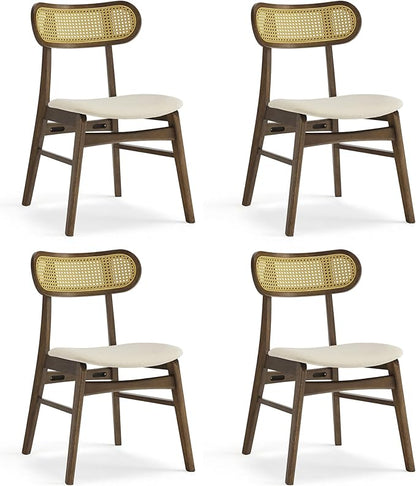 KISLOT Wooden Dining Chairs Set of 4, Upholstered Modern Dining Room Chairs, Mid Century Oak Wood Kitchen Chairs with Rattan Backrest for Farmhouse, Kitchen, Restaurant (Cream Fabric & Walnut Color)