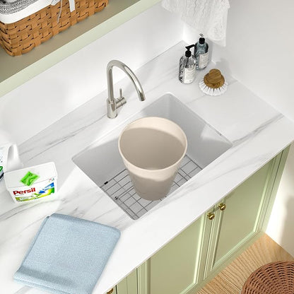 24 Inch Laundry Sink Undermount – 24 x 18 x 12 Inch Quartz Granite Composite White Utility Sink 12 Inch Granite Basin, Durable Single Bowl Deep Basin for Laundry Room