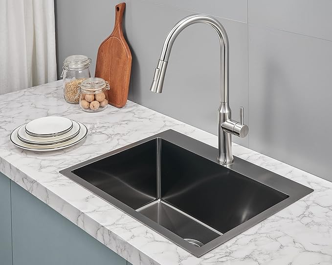 Kitchen Sink Drop in - TSIBOMU 20 x 16 Inch Kitchen Sink Topmount 18 Gauge Stainless Steel Single Bowl Overmount Bar Sink(Black)