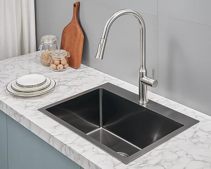 Kitchen Sink Drop in - TSIBOMU 20 x 16 Inch Kitchen Sink Topmount 18 Gauge Stainless Steel Single Bowl Overmount Bar Sink(Black)