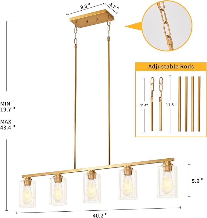 Mecgirn Island Light for Kitchen, Brushed Gold Dining Room Light Fixture Over Table, 5-Light Linear Chandelier Pendant Lighting for Dining Table Kitchen Island Living Room