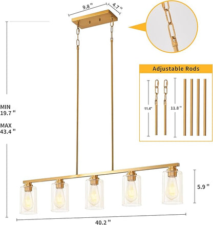 Mecgirn Island Light for Kitchen, Brushed Gold Dining Room Light Fixture Over Table, 5-Light Linear Chandelier Pendant Lighting for Dining Table Kitchen Island Living Room
