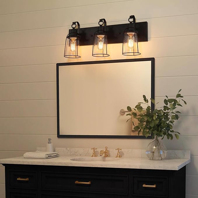 LALUZ Farmhouse Rusty Bathroom Light Fixtures, 3-Light Vanity Lights with Seeded Glass Shade Over Mirror