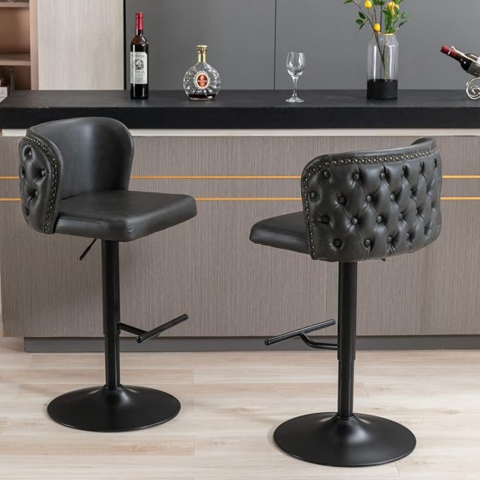 Furniture,Swivel Adjusatble Seat Height, Modern PU Upholstered Bar Stools with The Whole Back Tufted, for Home Pub and Kitchen Island（Dark Gray, Set of 2）
