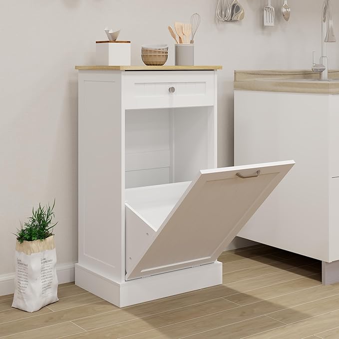 Ball & Cast Tilt-Out Trash Cabinet with One Drawer, Multifunctional White Hidden Garbage Can, Wooden Trash Can for Kitchen, Bathroom and Living Room, White