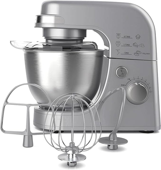 Hamilton Beach Electric Stand Mixer, 4 Quarts, Dough Hook, Flat Beater Attachments, Splash Guard 7 Speeds with Whisk, Silver