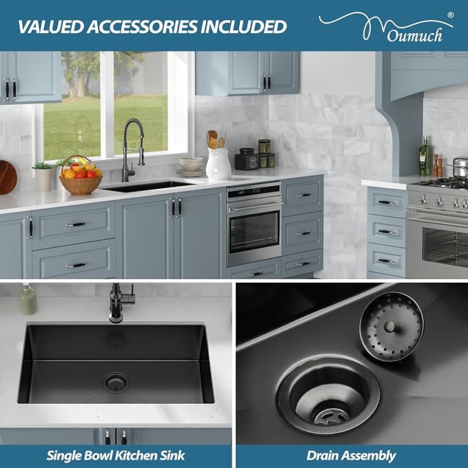 30 Inch Black Undermount Kitchen Sink - Oumuch 30x18 Undermount Stainless Steel Sink T304 18 Gauge kitchen Sinks Single Bowl Handmade Basin Under the Counter, 9" Deep