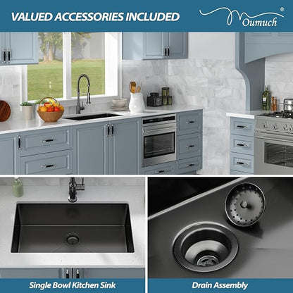 30 Inch Black Undermount Kitchen Sink - Oumuch 30x18 Undermount Stainless Steel Sink T304 18 Gauge kitchen Sinks Single Bowl Handmade Basin Under the Counter, 9" Deep