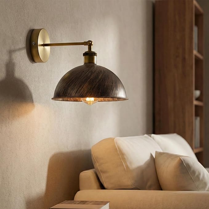 Dome Metal Wall Sconce, 180° Adjustable Industrial Wall Lamp for Bedside, Study, Kitchen, and Living Room Décor. (Brushed Copper.)