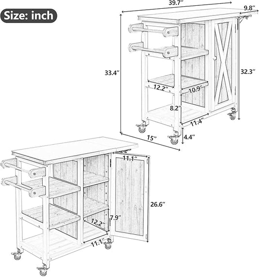 MERITLINE Foldable Outdoor Kitchen Island with Stainless Steel Top, Lockable Rolling Casters & Towel Rack, Mobile BBQ Prep Cart with Open Shelves and Hidden Cabinet for Patio, Balcony, White+Brown