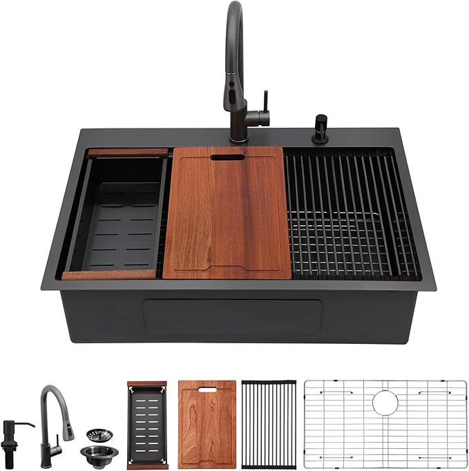 Lordear Black Kitchen Sink with Faucet 33 Inch Drop In Kitchen Sink Workstation Gunmetal Black 16 Gauge Stainless Steel Single Bowl 33x22 Topmount Kitchen Sinks with Pull-out Faucet Combo