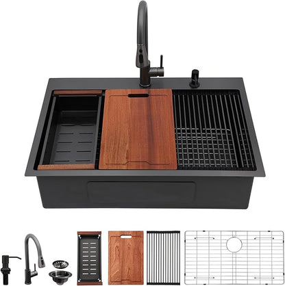 Lordear Black Kitchen Sink with Faucet 33 Inch Drop In Kitchen Sink Workstation Gunmetal Black 16 Gauge Stainless Steel Single Bowl 33x22 Topmount Kitchen Sinks with Pull-out Faucet Combo
