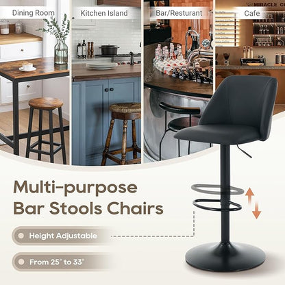 COLAMY Bar Stools Set of 1, Modern Swivel Bar Chairs, Adjustable PU Leather Upholstered Barstools Counter Height with Square Open Back for Bar, Kitchen Island, Dining Room, Black