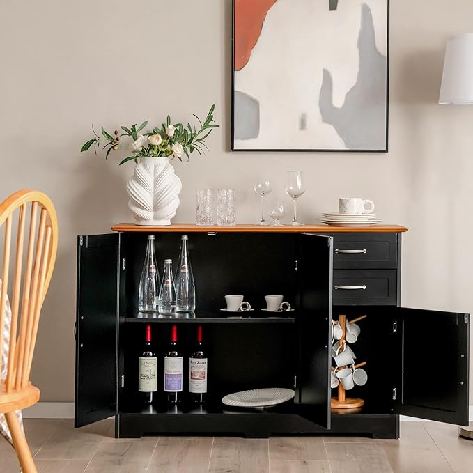 Giantex Buffet Sideboard Storage Credenza Cabinet Console Table Kitchen Dining Room Furniture Organizer, Entryway Cupboard with 2-Door Cabinet and 2 Drawers (Black & Vermilion)