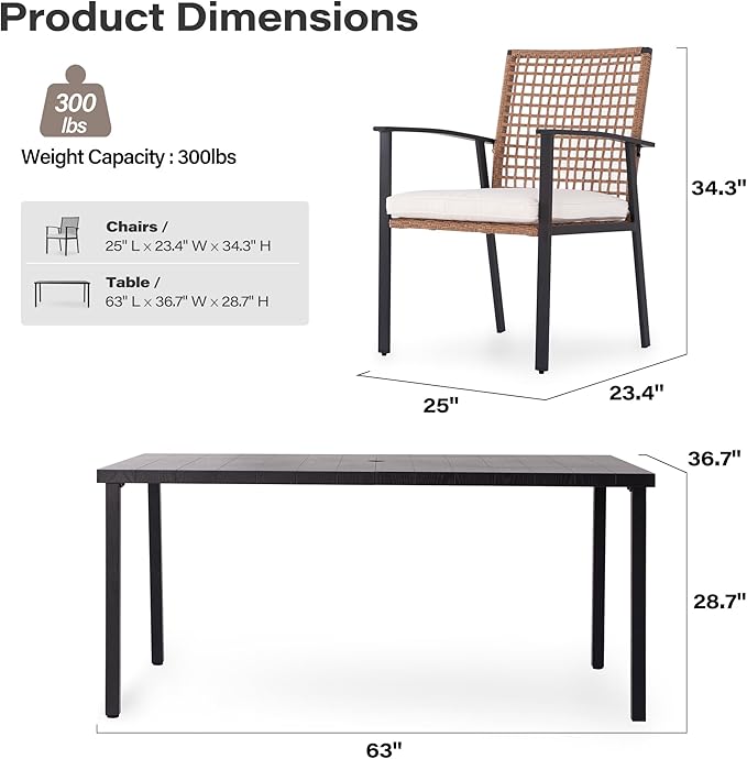 LAUSAINT HOME 7 Pieces Patio Dining Set, Outdoor Furniture Set of 6 Chairs with Soft Cushion and Iron Slats Table Top with Umbrella Hole, Conversation Set for Backyard, Garden and Poolside