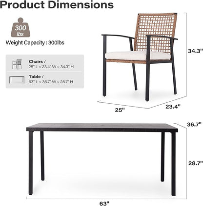 LAUSAINT HOME 7 Pieces Patio Dining Set, Outdoor Furniture Set of 6 Chairs with Soft Cushion and Iron Slats Table Top with Umbrella Hole, Conversation Set for Backyard, Garden and Poolside
