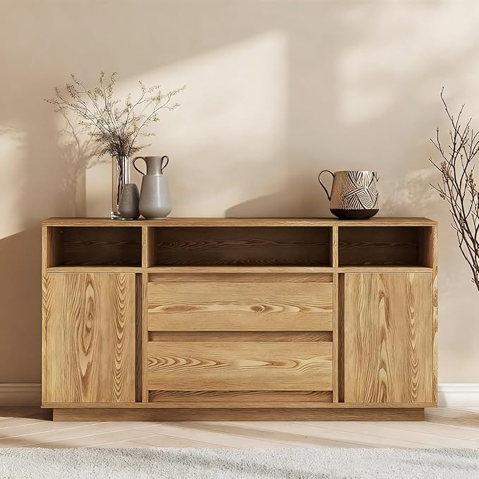 COMHOMA Sideboard Buffet Cabinet with Storage, Modern Wood Versatile Coffee Bar Console Table for Living Room Kitchen, Dining Room, Hallway, Wood Grain