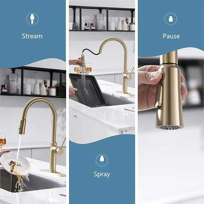 Kitchen Sink Faucets Brushed Gold, High-Arc Single Handle Kitchen Faucet with Pull Down Sprayer, Solid Brass Tall Kitchen Faucets 19 Inch