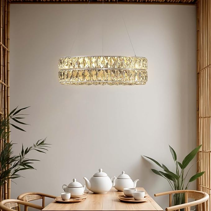 Led Ring Crystal Chandelier for Living Room, Modern Dimmable 15.7" Silver Crystal Chandeliers Lighting Adjustable Hanging Pendant Light for Dining Room