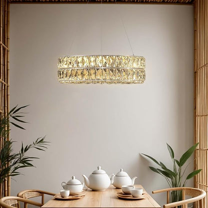 Led Ring Crystal Chandelier for Living Room, Modern Dimmable 15.7" Silver Crystal Chandeliers Lighting Adjustable Hanging Pendant Light for Dining Room