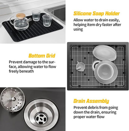 Black 23x18 Inch Undermount Kitchen Sink-Stainless Steel Single Bowl Drop In Kitchen Sink Stylish And Modern Look With Bottom Grid,Silicon Mat And Drain Assembly Add Elegance & Enhance Usability