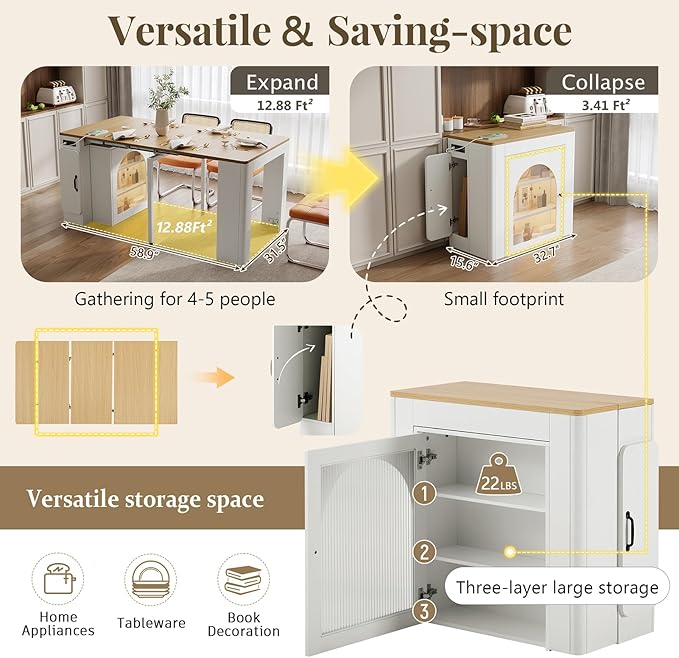 Extendable Dining Table with 3 Removable Middle Leaves, Mobile Rolling Island Table with Power Outlet, Rolling Kitchen Cart with Storage for Dining Room and Living Room (Cream White and Natural)