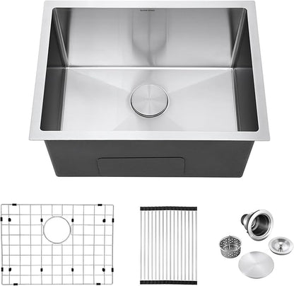 24-inch Undermount Laundry Utility Sink - 24x18x12 Extra Deep Stainless Steel Single Bowl Basin with Drain Strainer, Bottom Grid & Drying Unit for Laundry Room, Outdoor, Garage, Kitchen Use