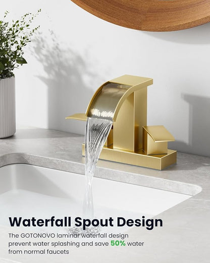 gotonovo Waterfall 4 Inch Centerset Bathroom Sink Faucet 2 Handle Basin Faucets 2 or 3 Hole Deck Mount with Pop Up Drain Included Lavatory Modern Mixer Tap Vanity Faucet Brushed Gold