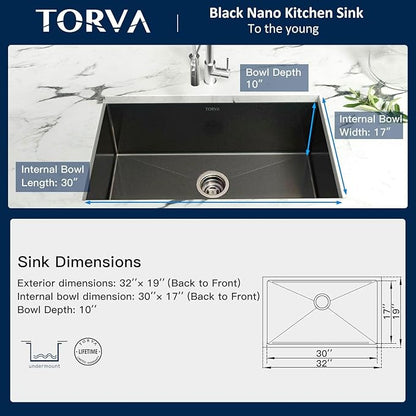 TORVA 32 x 19 Inch Gloss Black Ceramic Coating with NanoTek Undermount Kitchen Sink,PVD Coated Gunmetal Sink, 16 Gauge Stainless Steel Wet Bar or Prep Sinks Single Bowl, Dark Gray