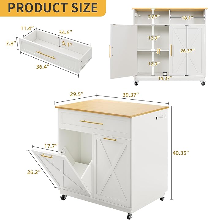 DWVO Kitchen Island with Power Outlet, 40 inch Rolling Island Table with Trash Can Cabinet fits Double 10-Gallon Bin, Square Mobile Storage Islands with Tilt Out Garbage Bin Cabinet, White Oak