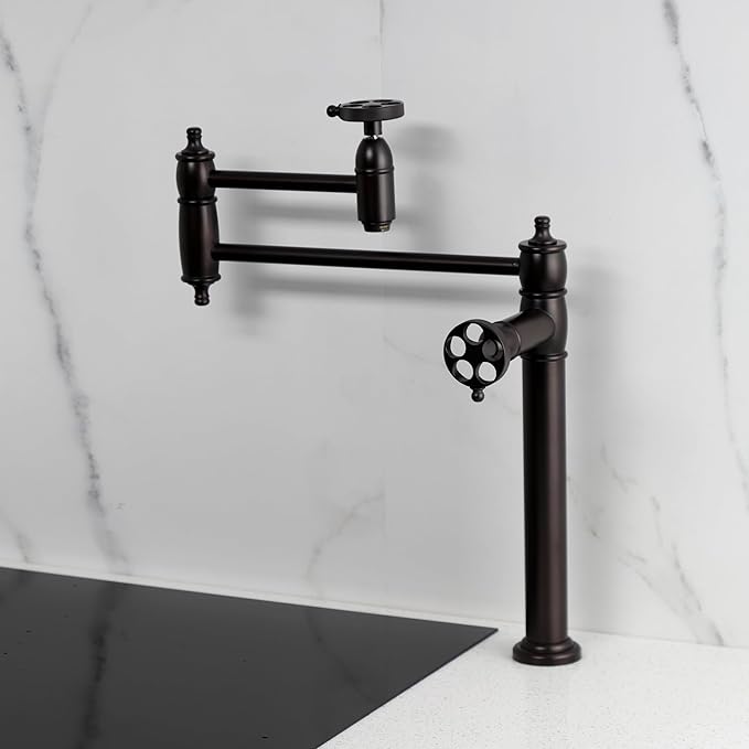 Kingston Brass KS3705RKZ Wendell Two-Handle 1-Hole Deck Mount Pot Filler Faucet with Knurled Handle in Oil Rubbed Bronze
