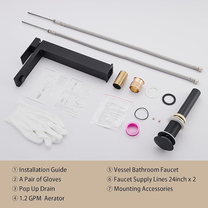 AVSIILE Matte Black Vessel Sink Faucet, 1 Hole Single Handle Tall Bathroom Vanity Faucets, Modern Utility Rv Laundry Bath Restroom Mixer Tap with Metal Pop Up Drain and 2 Water Supply Lines