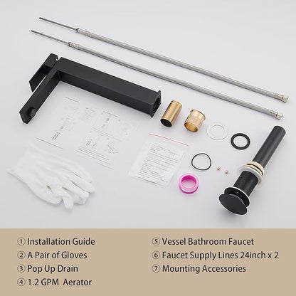 AVSIILE Matte Black Vessel Sink Faucet, 1 Hole Single Handle Tall Bathroom Vanity Faucets, Modern Utility Rv Laundry Bath Restroom Mixer Tap with Metal Pop Up Drain and 2 Water Supply Lines