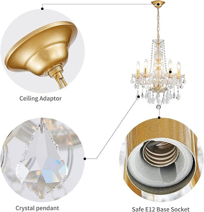 WUZUPS Crystal 5-Light Candle Chandelier Pendant Flushmount Ceiling Light Modern Lighting Fixture for Bedroom Hallway Bar Kitchen Bathroom, H 25" x W 20", Gold, E12 Base