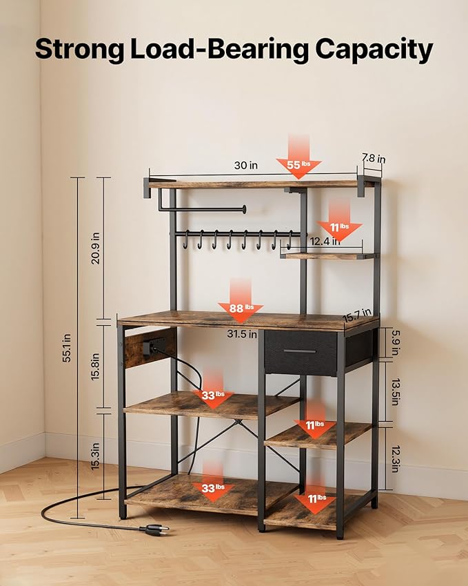 VEVOR Kitchen Bakers Rack with Power Outlets, 31.5 x 15.7 x 55.1 Inch Microwave Stand with Built-in Power Strip & 4.6 Ft Cord, 8 S-Shaped Hooks, for Dish Storage, Spice Jars, Coffee Bar Organization