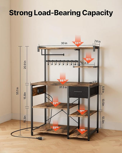 VEVOR Kitchen Bakers Rack with Power Outlets, 31.5 x 15.7 x 55.1 Inch Microwave Stand with Built-in Power Strip & 4.6 Ft Cord, 8 S-Shaped Hooks, for Dish Storage, Spice Jars, Coffee Bar Organization