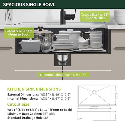 33-inch Black Kitchen Sink Undermount - SINKVINE 33 x 19 inch PVD Nano Stainless Steel Single Bowl Kitchen Sink, with 3.5" Drain Strainer, Bottom Grid Protector, Roll-up Drying Unit, Dark Grey